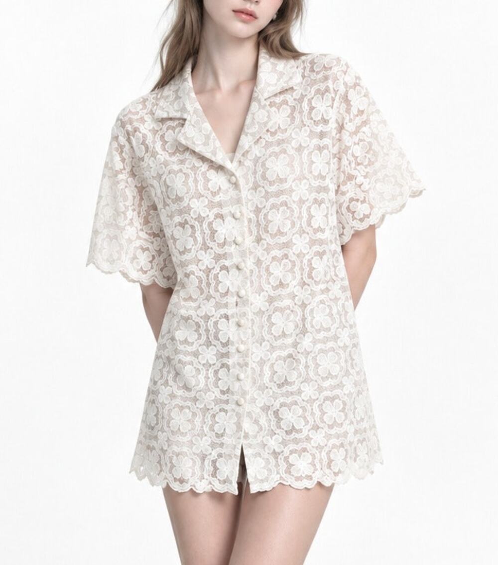 TUCKERNUCK Scallop Trim Semi-Sheer Lace Coverup Tunic Dress Size XS NWT